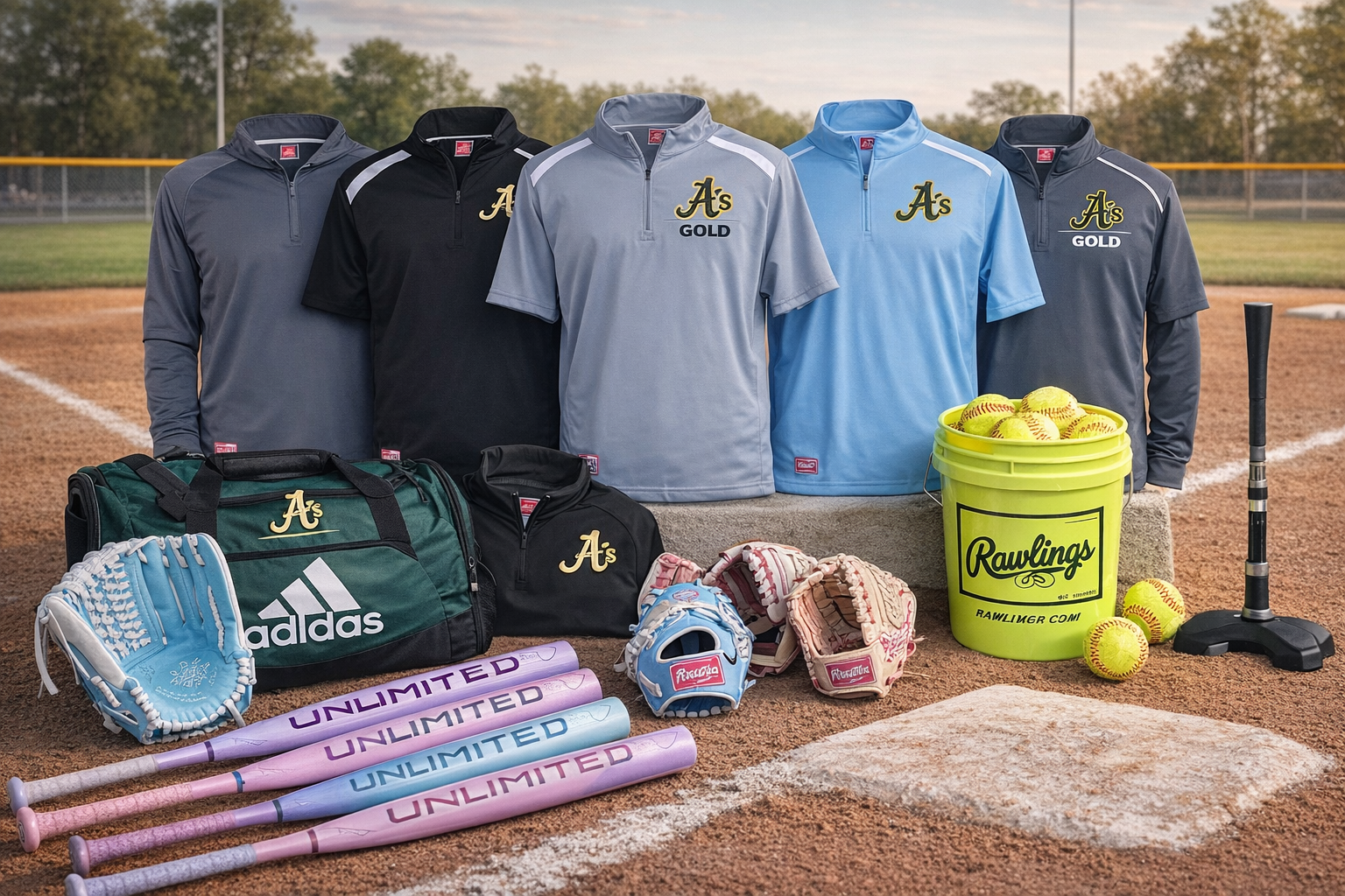 Softball gear on the field at sunset